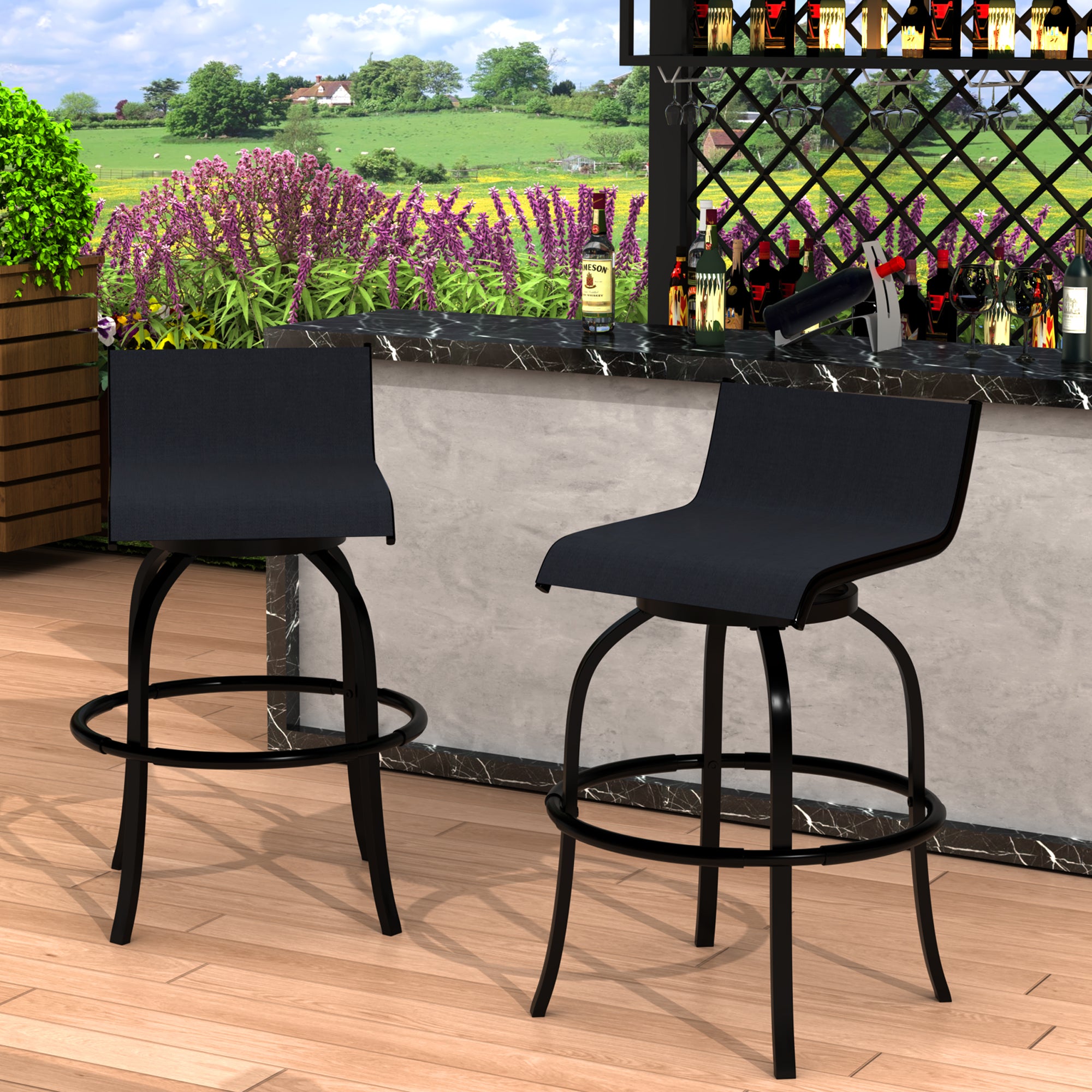 2 PCS outdoor swivel bar stools with backrest and high stool without armrests