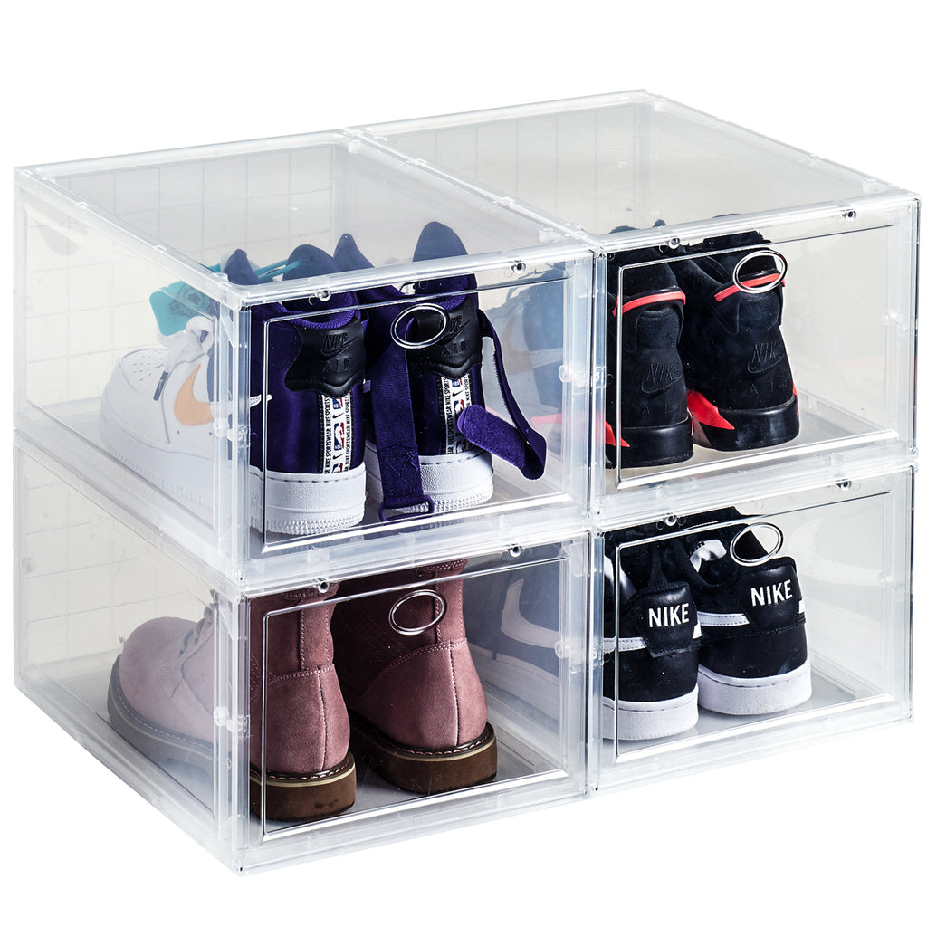 Waytrim Stackable Boots Storage Box,8 Pack Foldable Boots Box Organizer and Storage Boots Box Clear Plastic Storage Bins Shoe Container Drop Front