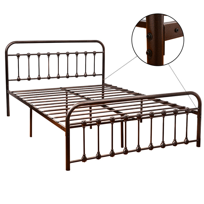 Vintage Metal Bed Frame Platform with Shell decoration - Antique Brown Finish - Queen Size - [WAYTRIM]