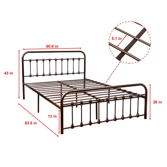 Vintage Metal Bed Frame Platform with Shell decoration - Antique Brown Finish - Queen Size - [WAYTRIM]